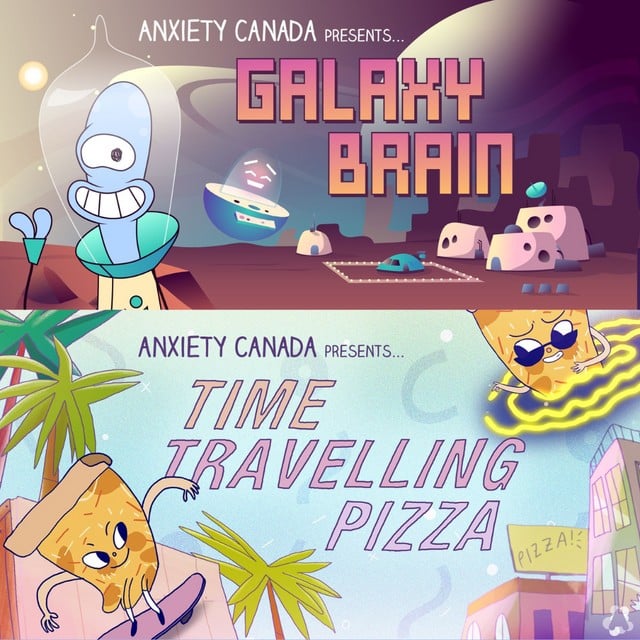 Caretoons logos - Galaxy Brain and Time Travelling Pizza